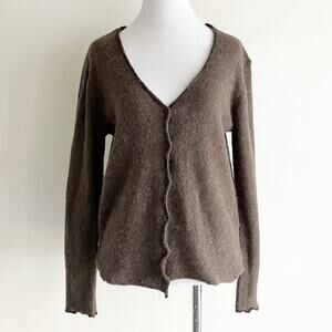 Zara Medium Cardigan Sweater Solid Brown V Neck Ruffled Ruffle Edge Lightweight